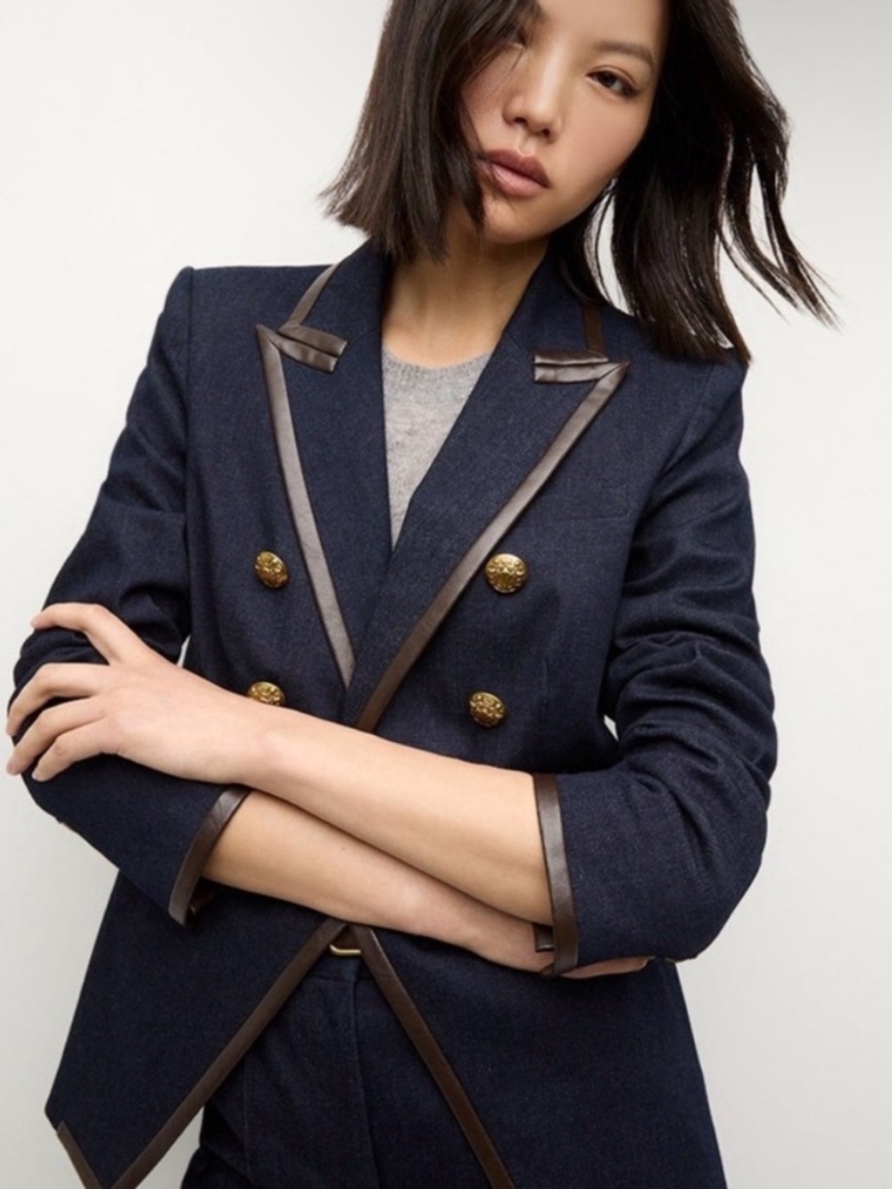 Veronica Beard Navy Double-Breasted Blazer with Brown Trim